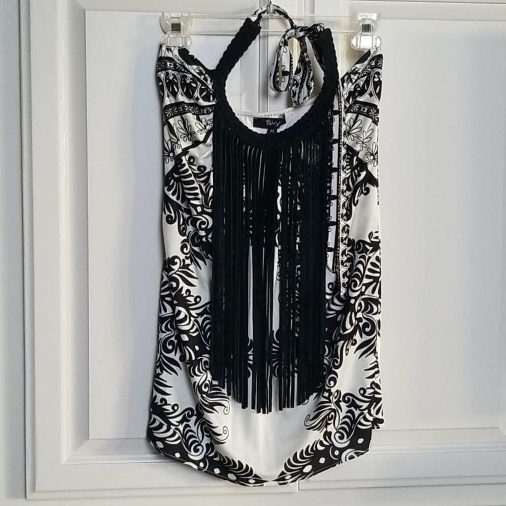 Sky Halter Top with Leather Fringe